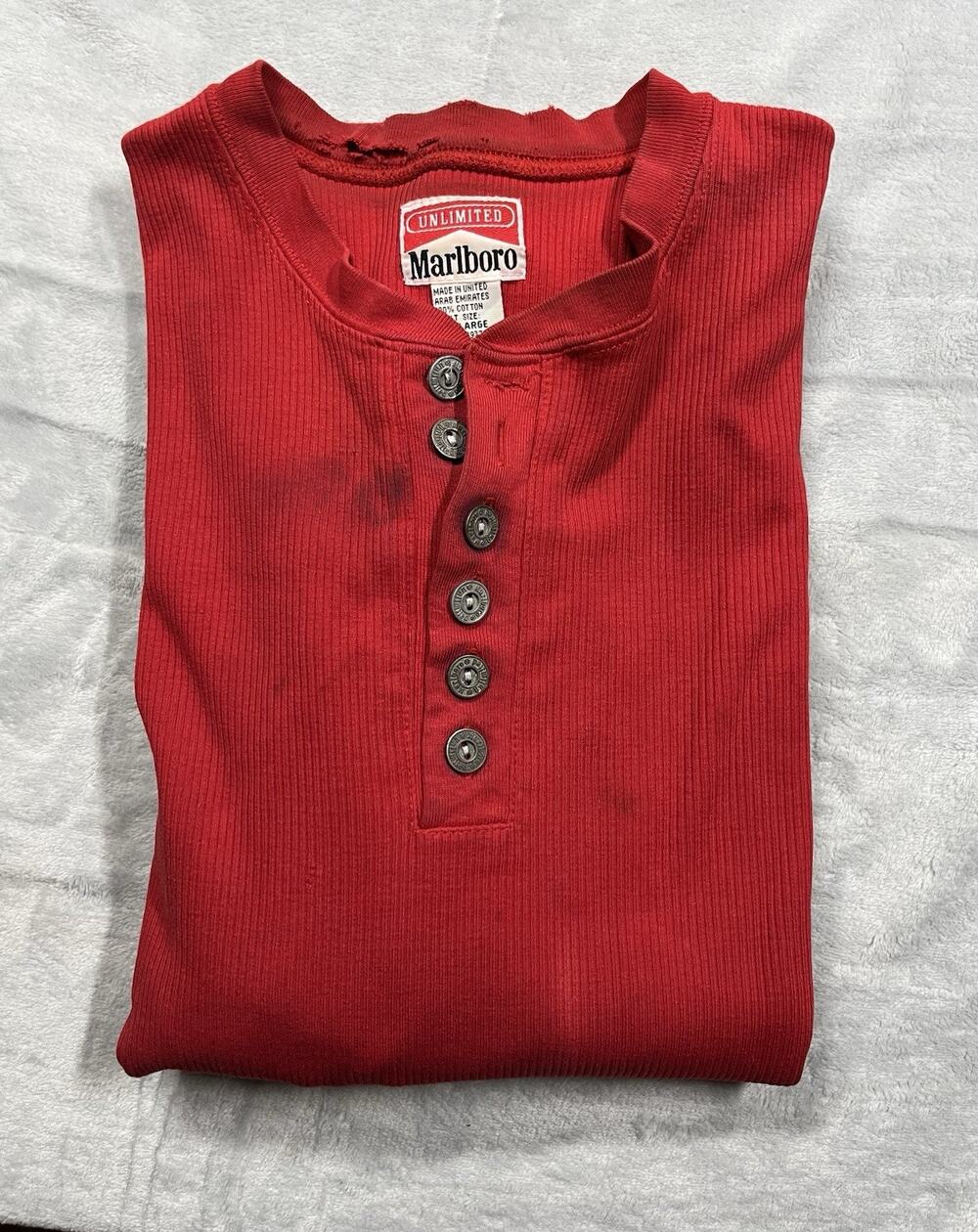 Vintage 90s Marlboro Red Henley Shirt Smoker Grunge Punk XL Cigarette Thrashed
